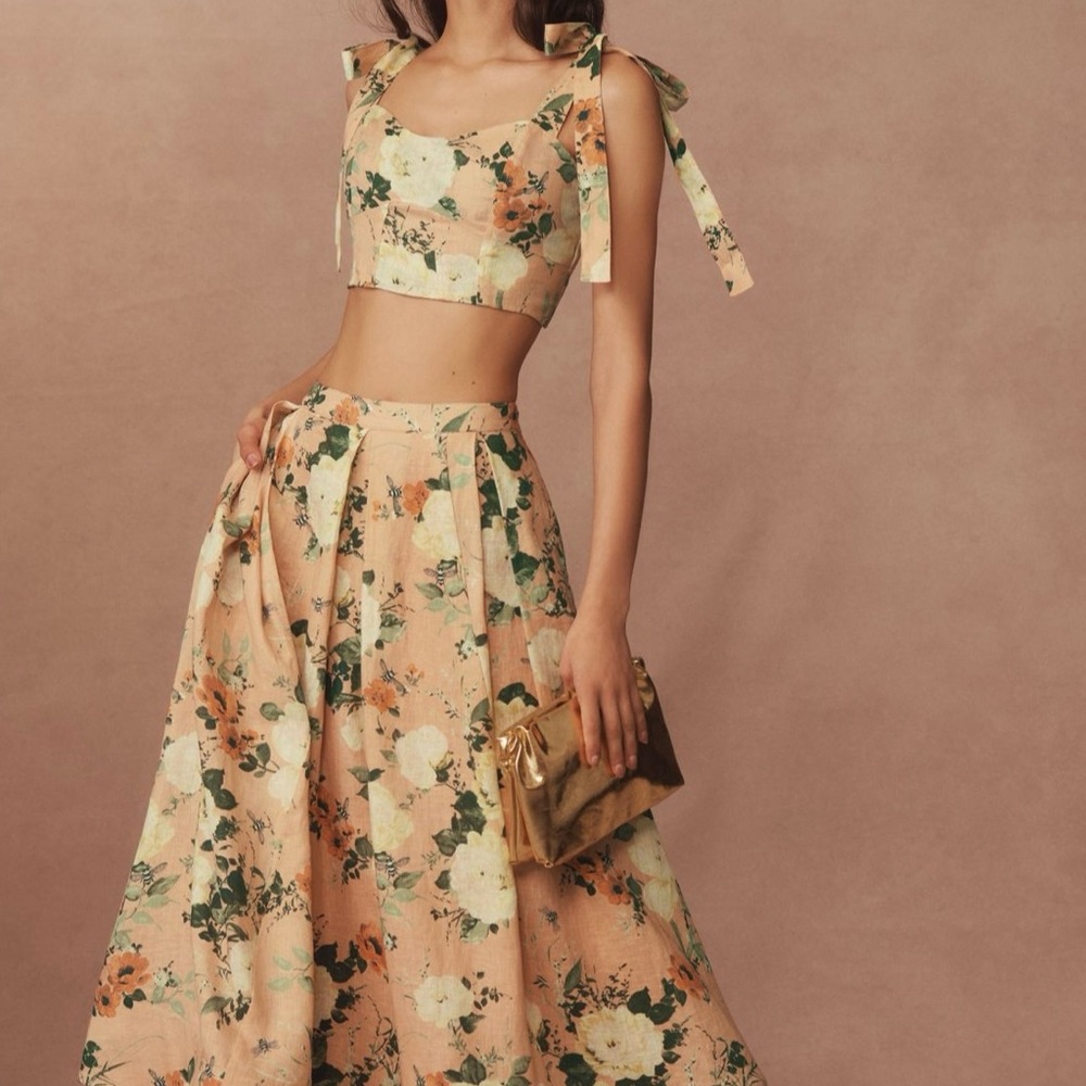 Anthropologie Floral Skirt Set in Peach and Green